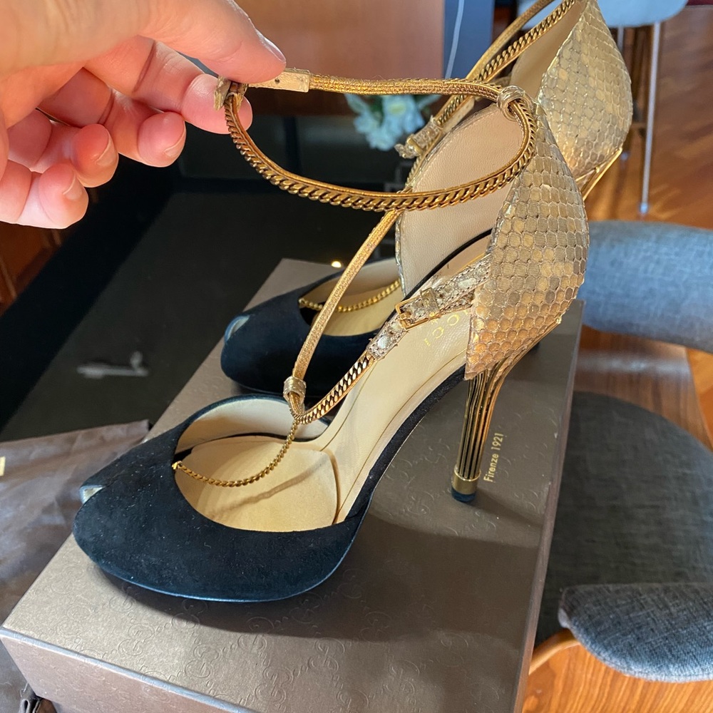 Gucci Gold Python Leather and Black Suede Sandals